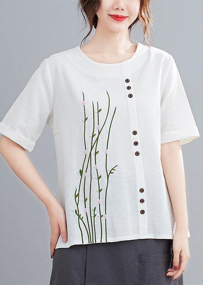 Casual White O-Neck Button Shirt Tops Summer Cotton Linen - SooLinen