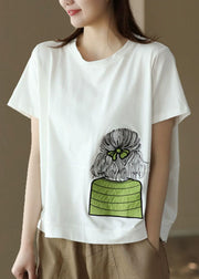 Casual White O-Neck Embroidered Patchwork Cotton Top Summer