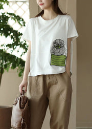 Casual White O-Neck Embroidered Patchwork Cotton Top Summer