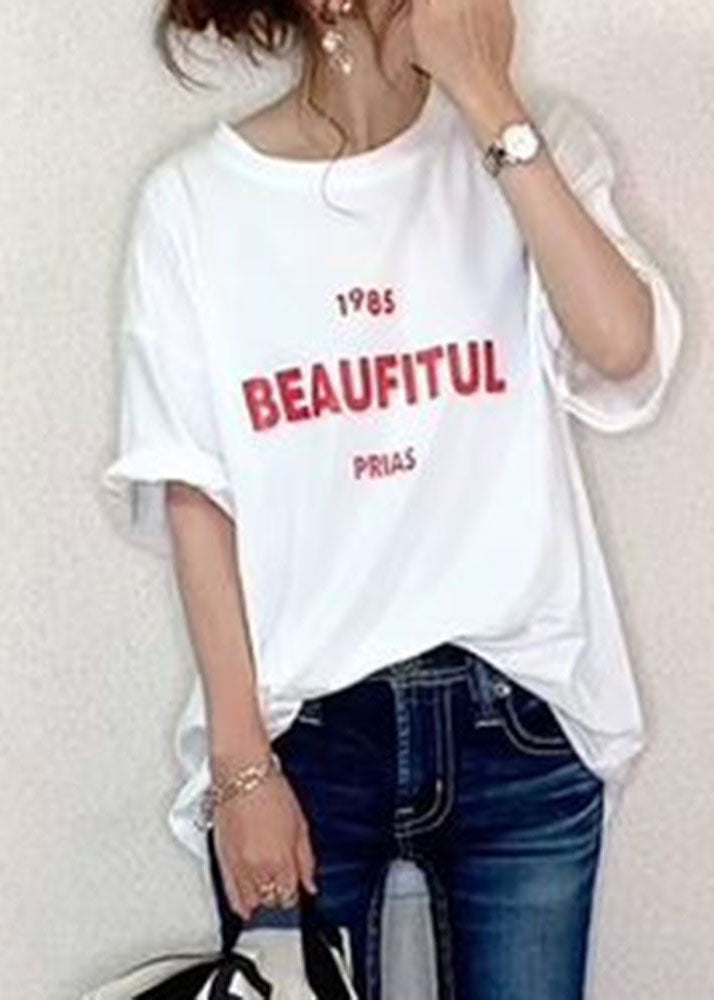 Casual White O Neck Letter Print Cotton T Shirt Summer