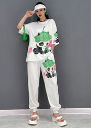 Casual White O-Neck Panda Print Cotton Two Piece Set Women Clothing Summer