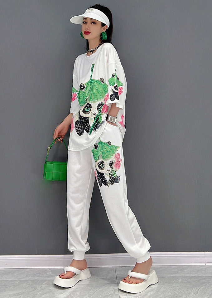 Casual White O-Neck Panda Print Cotton Two Piece Set Women Clothing Summer