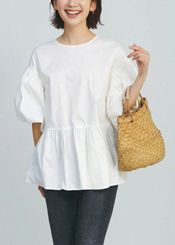 Casual White O-Neck Patchwork Cotton Shirt Puff Sleeve
