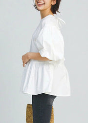 Casual White O-Neck Patchwork Cotton Shirt Puff Sleeve