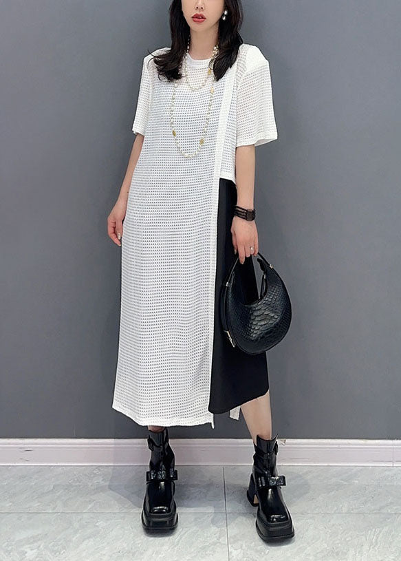 Casual White O Neck Patchwork Hollow Out Cotton Dresses Summer
