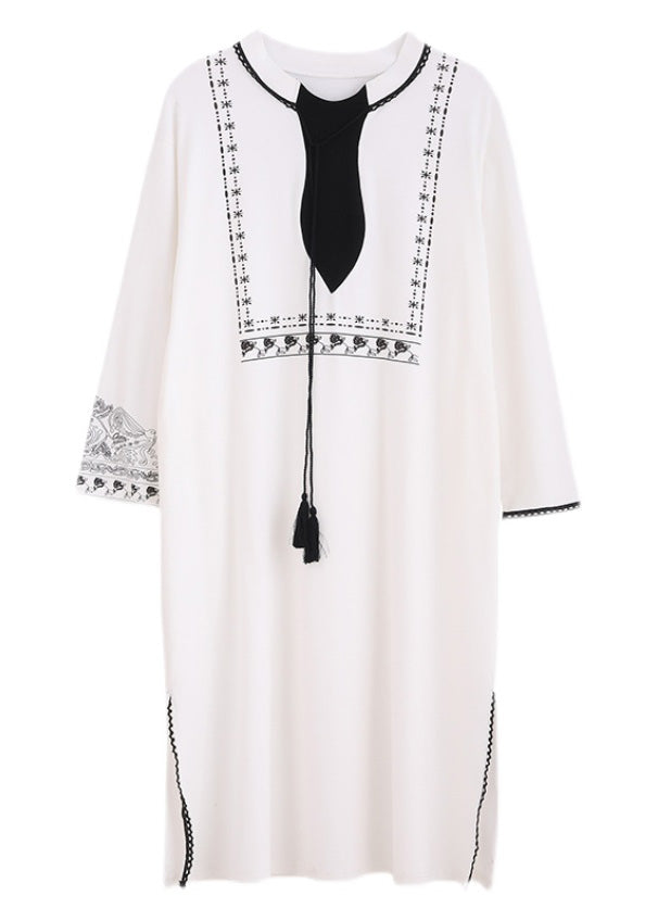 Casual White O-Neck Print Side Open Cotton Long Dress Spring