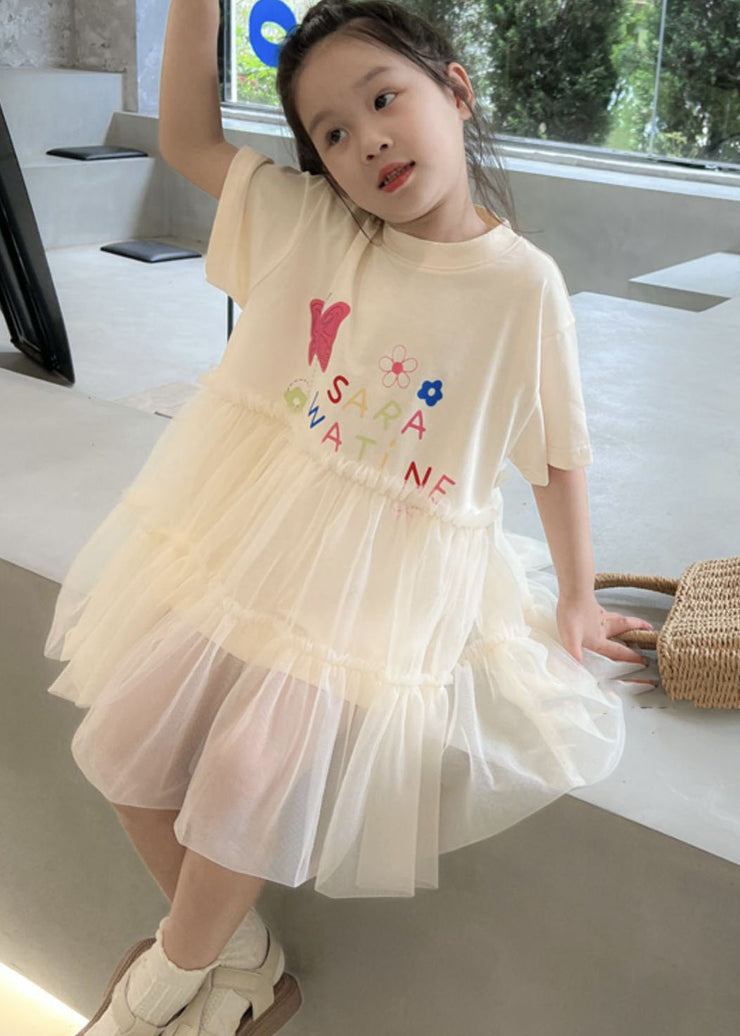 Casual White O Neck Ruffled Patchwork Tulle Kids Girls Dresses Summer