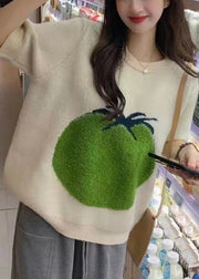Casual White O Neck Thick Print Knit Sweaters Top Half Sleeve