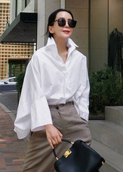 Casual White Peter Pan Collar Button Cotton Shirts Batwing Sleeve