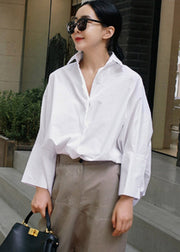 Casual White Peter Pan Collar Button Cotton Shirts Batwing Sleeve