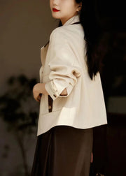 Casual White Peter Pan Collar Patchwork Pockets Cotton Coats Fall