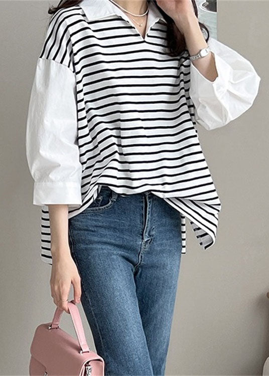 Casual White Peter Pan Collar Patchwork Striped Cotton Shirt Tops Half Sleeve