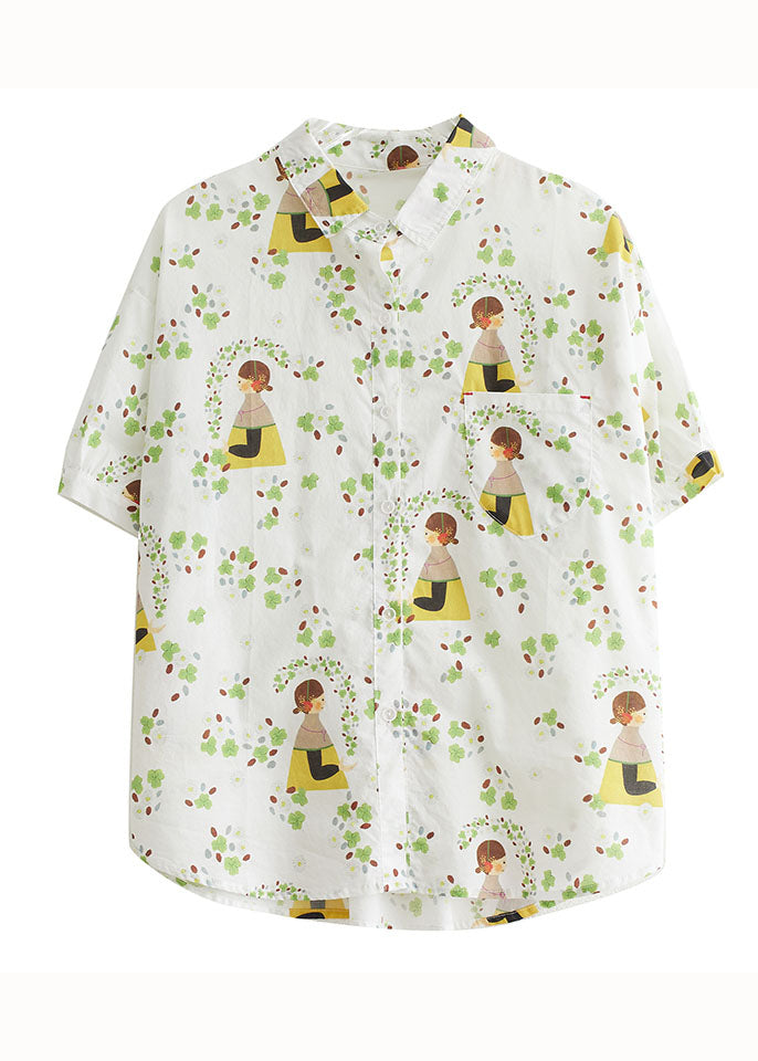 Casual White Peter Pan Collar Print Patchwork Cotton Shirt Summer