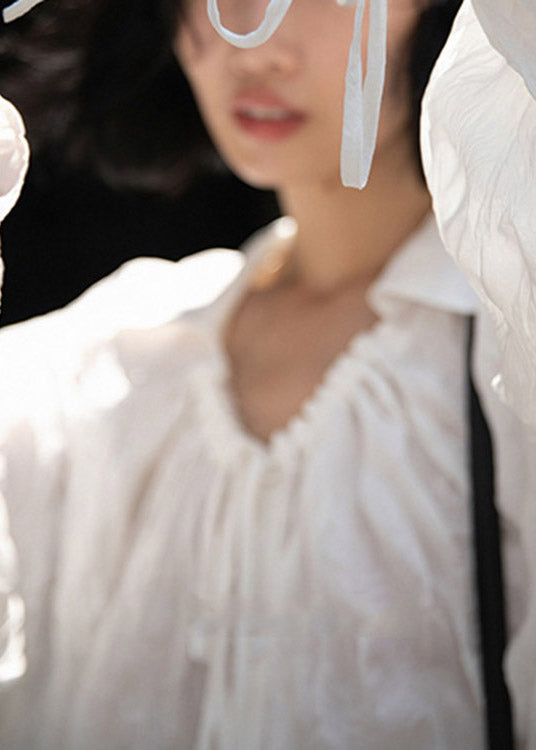 Casual White Peter Pan Collar Wrinkled Neck Tie Button Shirts Long Sleeve