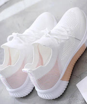 Casual White Pink Knit Fabric Lace Up Flats Shoes