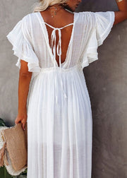 Casual White Pleated Drawstring Party Long Dresses Summer