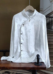 Casual White Stand Collar Patchwork Jacquard Silk Shirts Spring