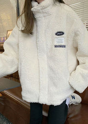 Casual White Stand Collar Pockets Wear On Both Sides Faux Fur Coat Winter