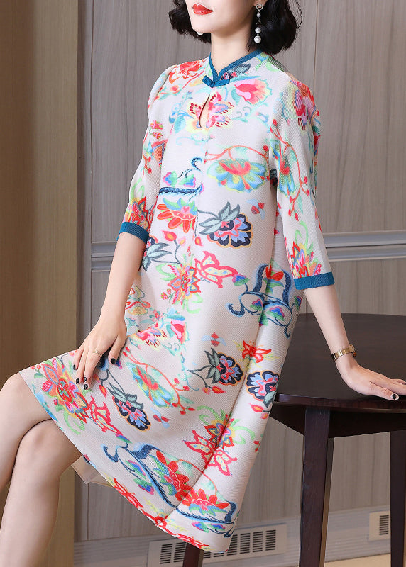 Casual White Stand Collar Print Button Wrinkled Long Dresses Half Sleeve
