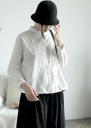Casual White Stand Collar button Embroidered Shirt Top Long Sleeve