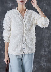 Casual White Tasseled Patchwork Lace Knit Loose Coat Spring
