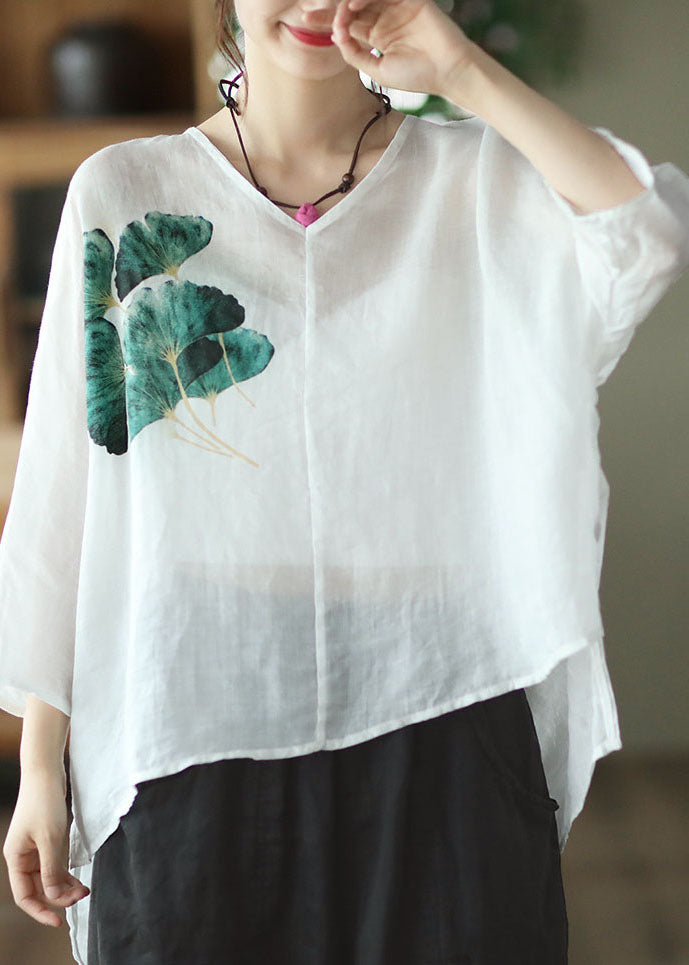 Casual White V Neck Print Linen Shirt Top Batwing Sleeve