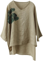 Casual White V Neck Print Linen Shirt Top Batwing Sleeve