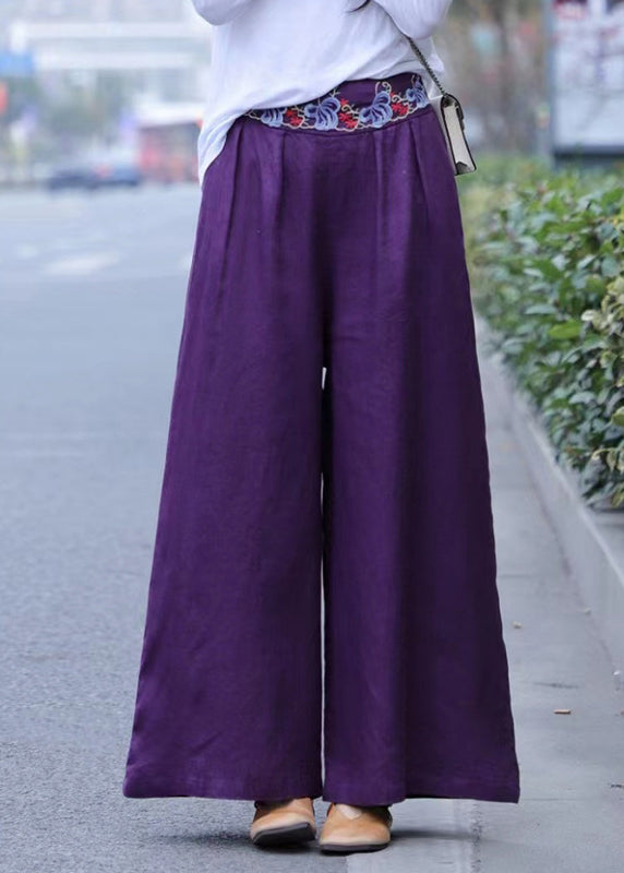 Casual White wrinkled Embroidered Linen wide leg Pants Spring