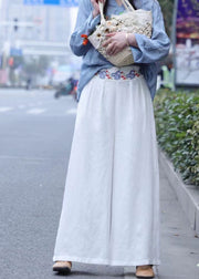 Casual White wrinkled Embroidered Linen wide leg Pants Spring