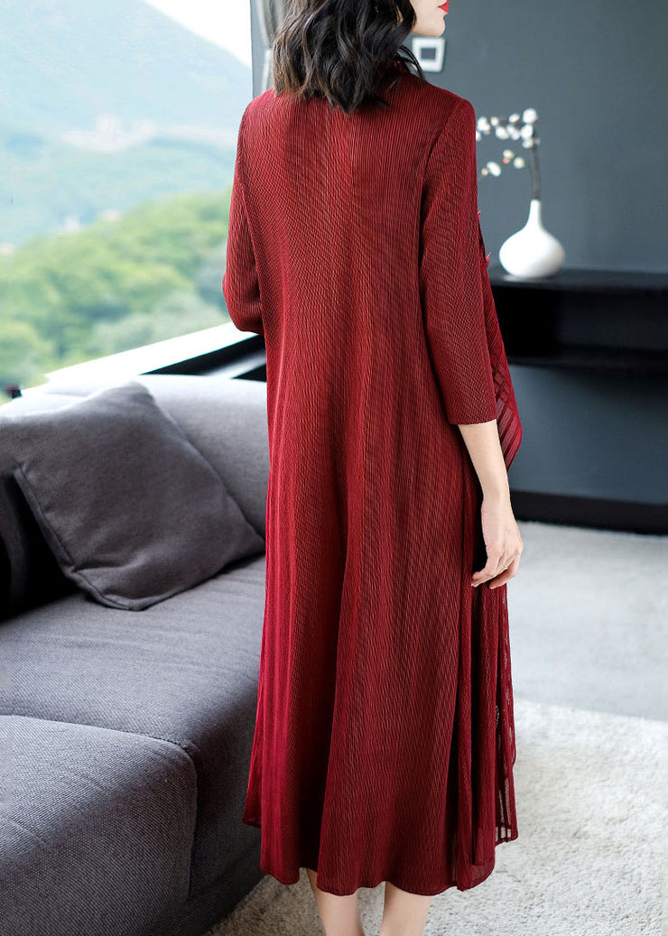 Casual Wine Red O-Neck Floral Patchwork Fake Two Pieces Maxi Dress Long Sleeve