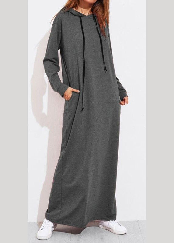 Casual Women Solid Color Full Sleeve Long Hooded Sweatshirt Dress Dark Gray