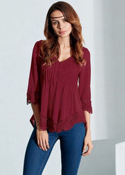 Casual Women V-Neck Pleated Lace Patchwork Three Quarter Sleeve Blouse