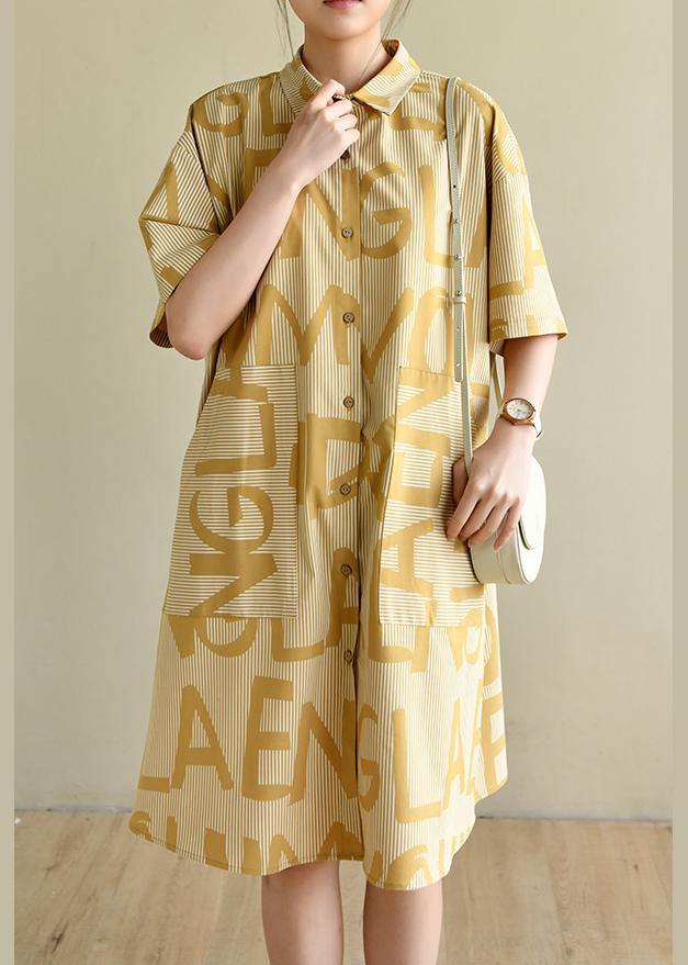 Casual Yellow Cinched Peter Pan Collar Cotton Dress Graphic Dress - SooLinen