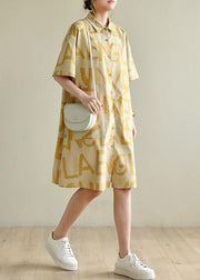 Casual Yellow Cinched Peter Pan Collar Cotton Dress Graphic Dress - SooLinen