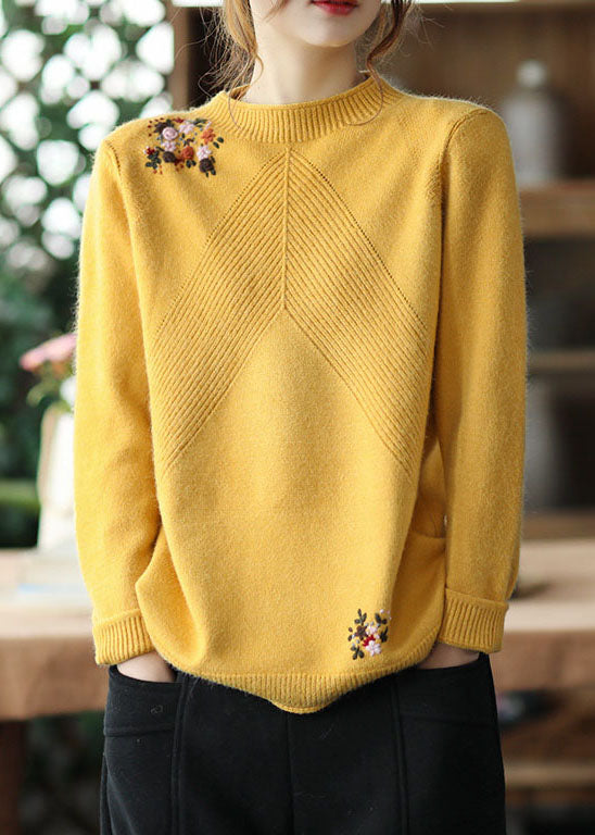 Casual Yellow Embroidered Floral Knit Sweater Winter