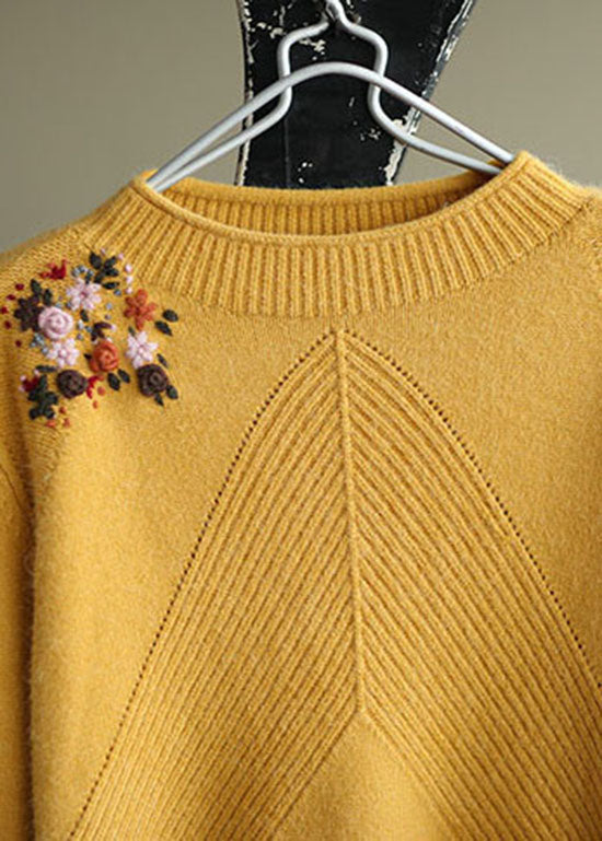 Casual Yellow Embroidered Floral Knit Sweater Winter