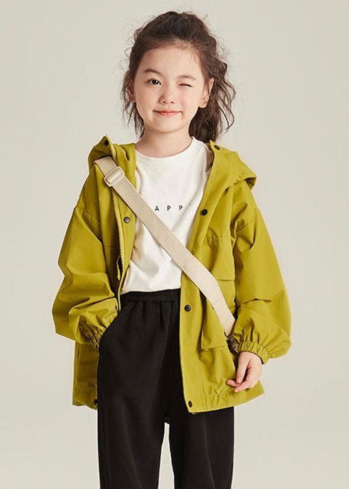 Casual Yellow Hooded Zippered Pockets Cotton Girls Coats Long Sleeve