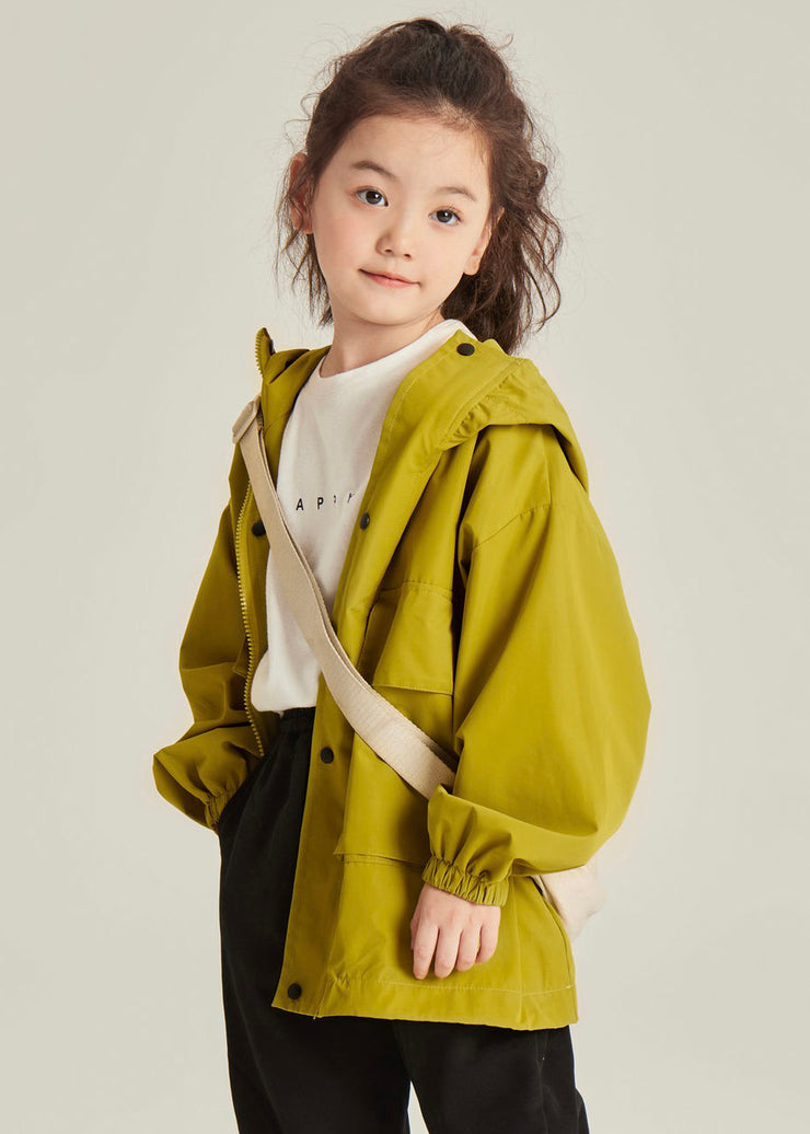 Casual Yellow Hooded Zippered Pockets Cotton Girls Coats Long Sleeve