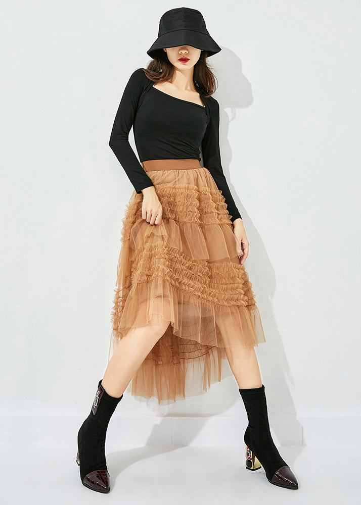 Casual Yellow Low High Design Patchwork Wrinkled Tulle Skirts Summer