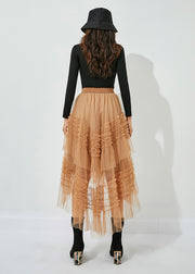 Casual Yellow Low High Design Patchwork Wrinkled Tulle Skirts Summer