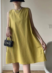 Casual Yellow O Neck Patchwork Cotton Mid Dresses Sleeveless