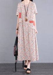 Casual Yellow O Neck Print Patchwork Cotton Long Dresses Summer