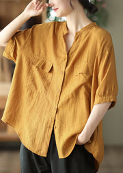 Casual Yellow O Neck Wrinkled Patchwork Cotton Shirt Top Summer