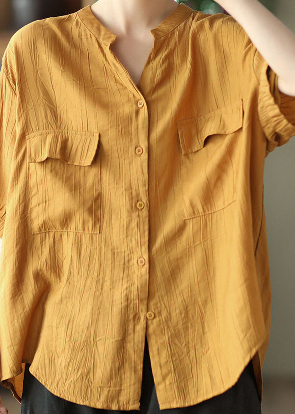 Casual Yellow O Neck Wrinkled Patchwork Cotton Shirt Top Summer