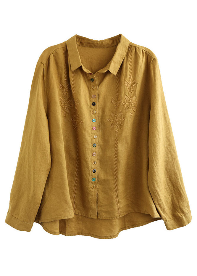 Casual Yellow Peter Pan Collar Embroidered Linen Blouse Tops Fall