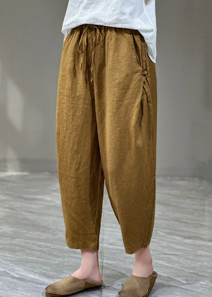 Casual Yellow Pockets Cinched Patchwork Linen Harem Pants Summer