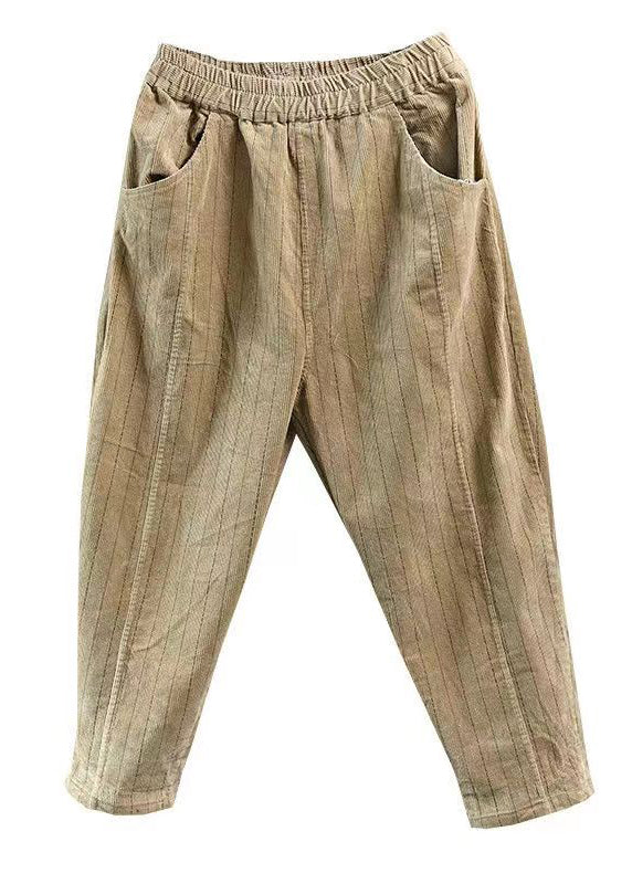 Casual Yellow Pockets Elastic Waist Corduroy Pants Spring