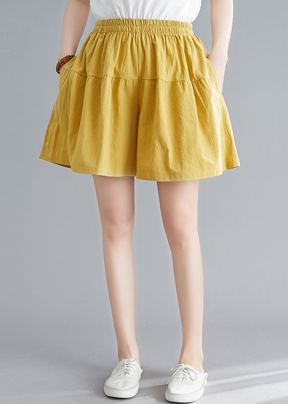 Casual Yellow Pockets Elastic Waist Cotton Shorts Summer