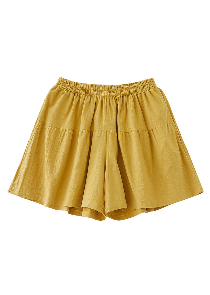 Casual Yellow Pockets Elastic Waist Cotton Shorts Summer