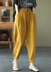 Casual Yellow Pockets Patchwork Elastic Waist Linen Pants Summer